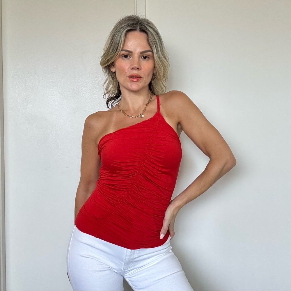 Enza Costa One Shoulder Ruched Tank Blood Orange